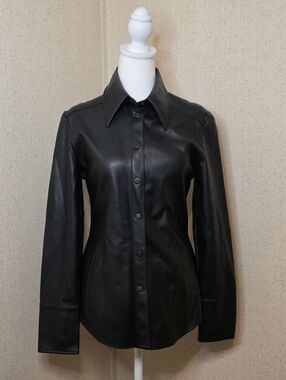 ZARA Faux Vegan Leather Shirt Jacket Button Down Black Sz Small